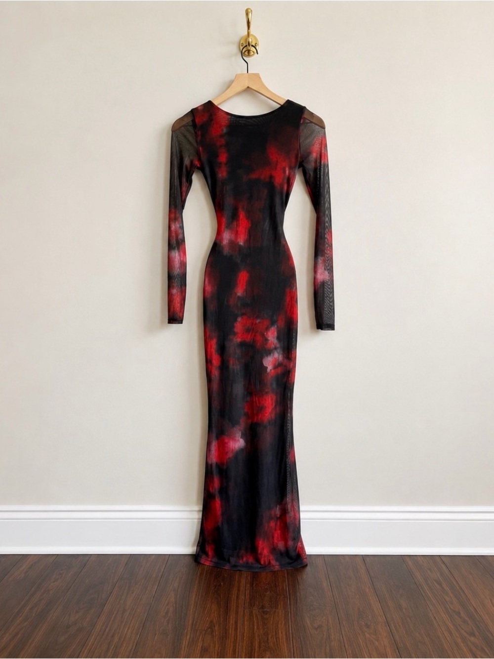White Fox Red & Black Mesh Open Back Maxi Dress XS